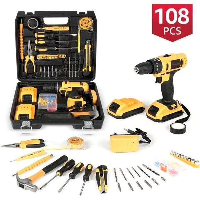 Perceuse visseuse à percussion Sans Fil 21 V - 2 batteries 1500mAh - 108 Accessoires - 25+3 modes - 2 vitesses