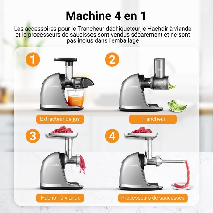 AMZCHEF - Gris - Licuadora de frutas y verduras - Licuadora de cítricos de prensado en frío sin BPA