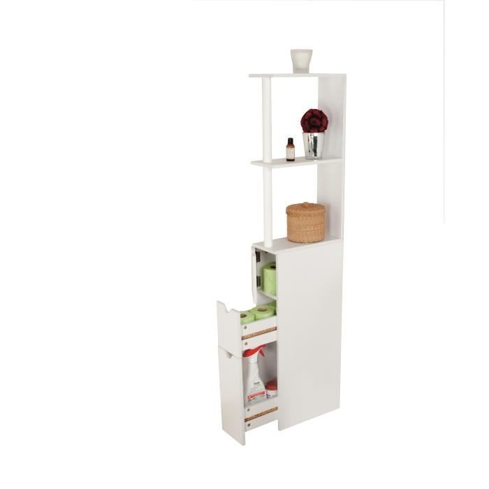 Smalle toilet-/badkamerkast van 15,2 cm, 136 cm hoge kolom van wit melaminehout - 3 planken + kast + 2 lades