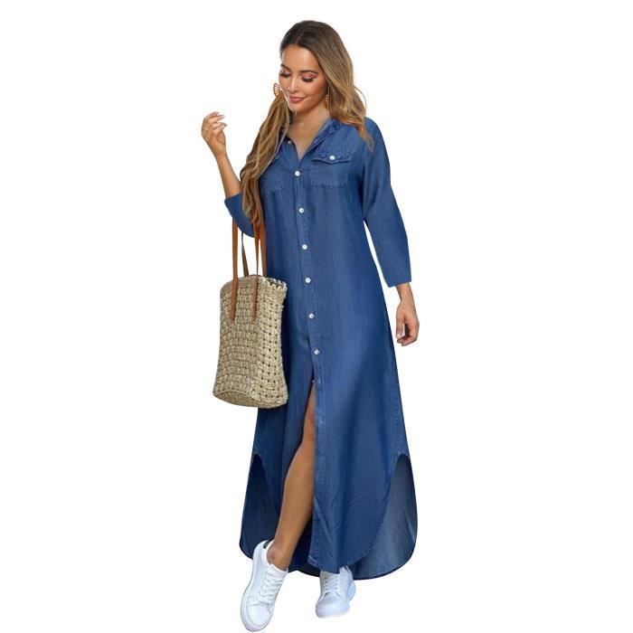 Vestido vaquero retro de verano para mujer, túnica informal con cuello en V, camisa larga holgada, blusa vaquera maxi.
