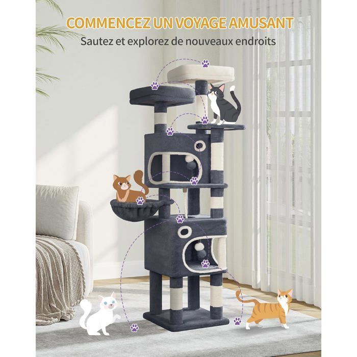 Árbol rascador para gatos, 159 cm de altura, torre de juegos con 8 postes rascadores, 3 plataformas, 2 cuevas, cesta y pompones, color gris oscuro.