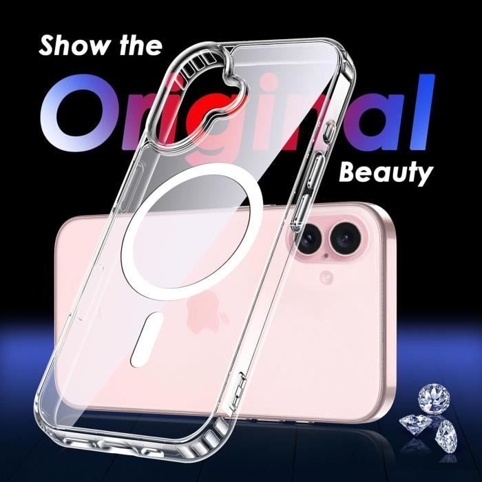 Capa para iPhone 16 com 2 protetores de tela de vidro temperado - 2x câmera magnética transparente compatível com MagSafe
