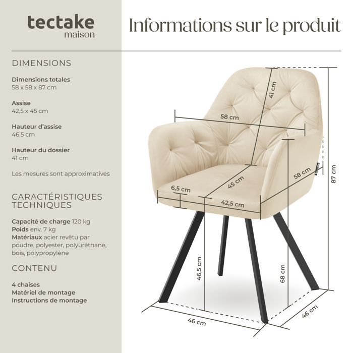 Chaises - TECTAKE - Lot de 4 fauteuils LUCIA pivotants à 180° rembourré en velours motif matelassé 58 x 58 x 87 cm - Crème