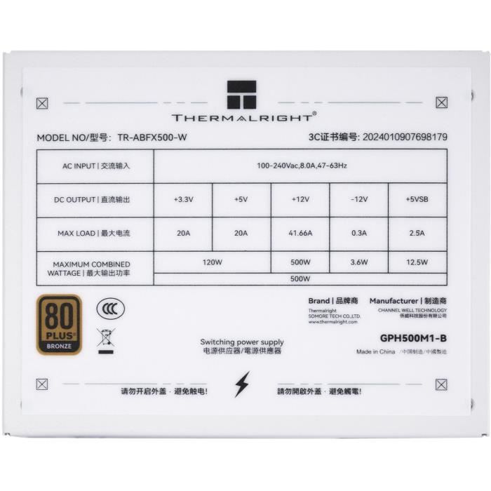 Alimentation PC non modulaire - THERMALRIGHT ABFX 500 W - 80+ Bronze - Blanc