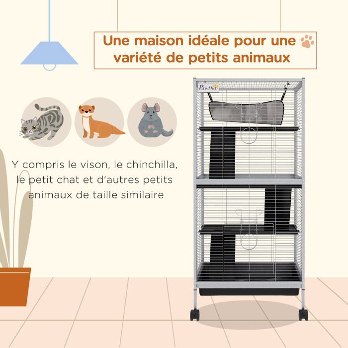Gabbia portatile a 4 livelli per piccoli animali PawHut, ideale per cincillà, con ruote, 2 porte, 3 rampe, amaca e vassoio rimovibile.