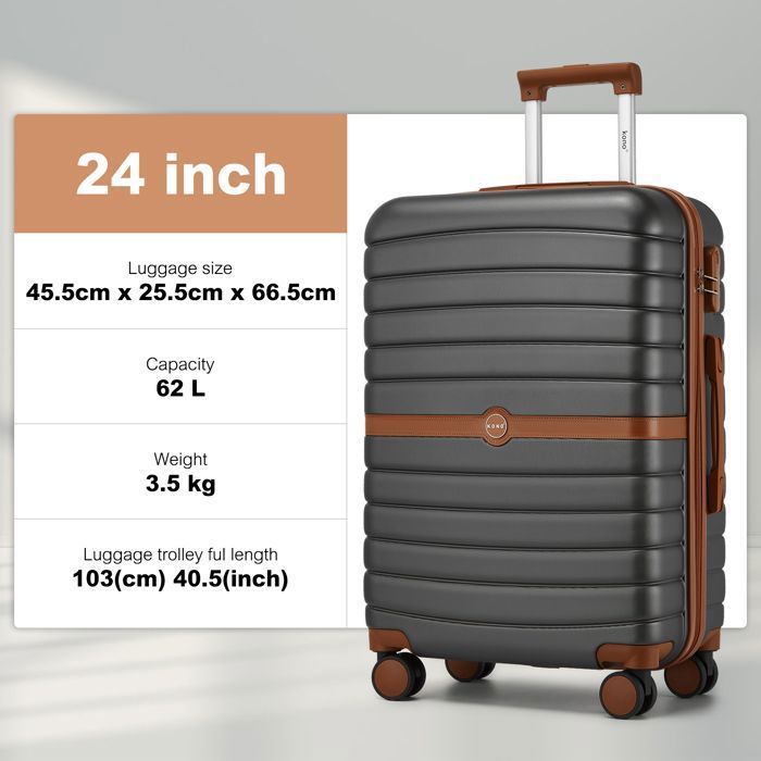 Maleta Kono mediana rígida de 66,5 x 45,5 x 25,5 cm, ABS+PC, con 4 ruedas y cerradura, tipo carrito de viaje, 62 L, gris.