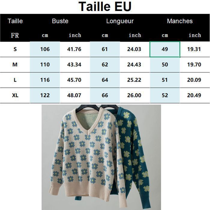 Jersey de mujer – Jacquard floral – Cuello en V – Manga larga – Otoño/Invierno – Talla europea – Azul
