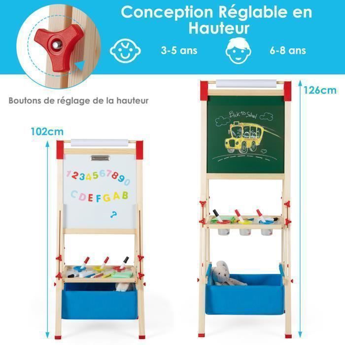 COSTWAY 3-in-1 Kinderschildersezel - 60 accessoires - Dubbelzijdige schildersezel (magnetisch en krijtbord) - Papierrol
