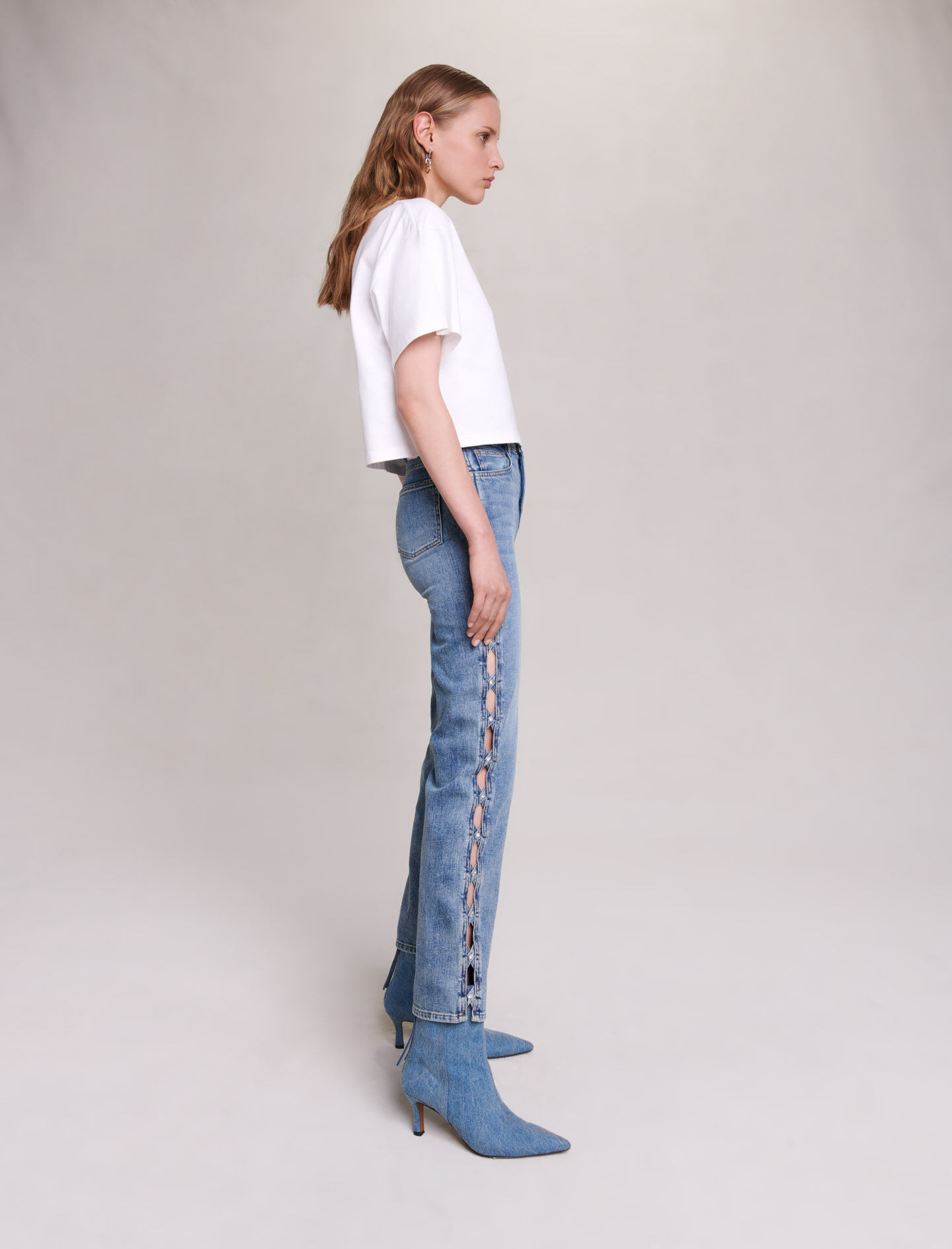 Kort T-shirt met vlinders en strass-steentjes - Wit