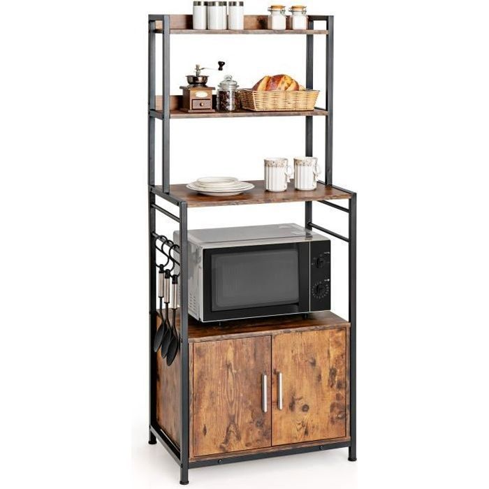 COSTWAY Étagère de Cuisine à 4 Niveaux, 60 x 40 x 150 CM, Desserte pour Four à Micro-ondes avec Crochets en S, Style Industriel