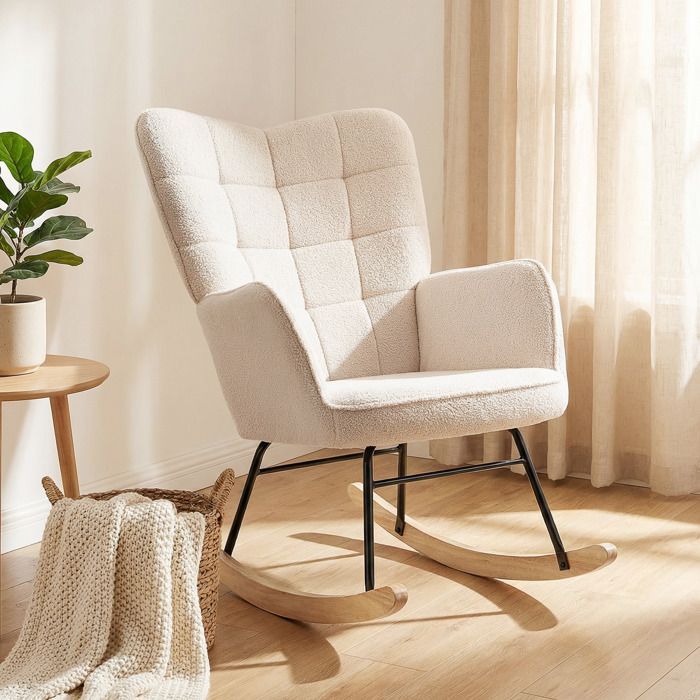 Fauteuil à bascule - HOMCOM - revêtement effet laine bouclée - structure en acier - pieds en bois massif - beige
