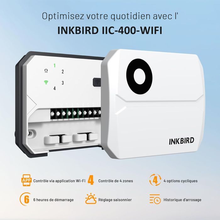 Controlador de riego WiFi de 4 vías INKBIRD IIC-400, temporizador de riego inteligente con control automático mediante aplicación.