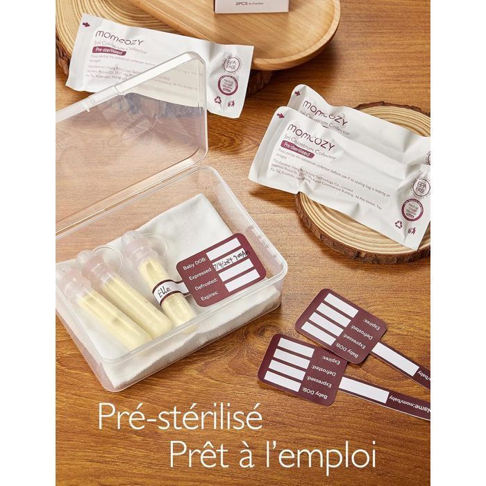 Coletor de leite materno reutilizável Momcozy 6x5ml, livre de BPA, com estojo e lenços umedecidos: solução higiênica e portátil para amamentação.