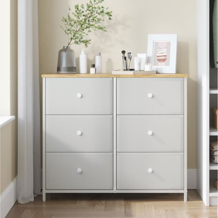 SONGMICS Commode, Meuble de Rangement avec 6 Tiroirs en Tissu, Meuble à Tiroirs avec Cadre Métallique, Plateau, Blanc et Chêne