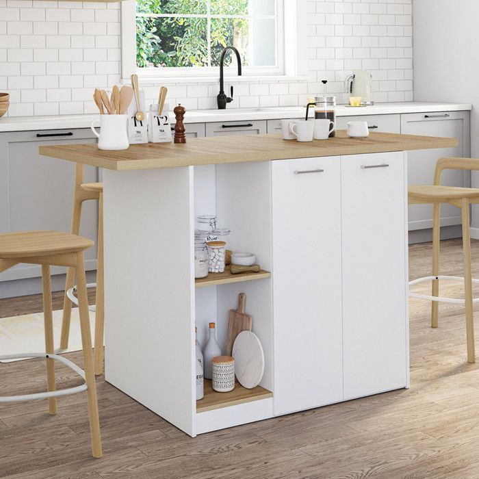 Isla central IDMARKET BAO de 140 cm para 4 personas, madera blanca con encimera efecto haya.