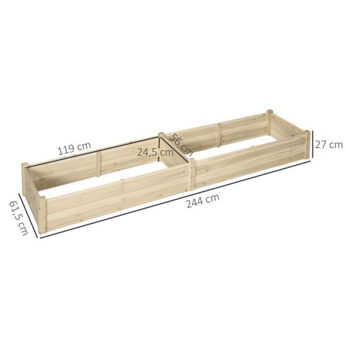 Raised garden bed - Outsunny - drainage felt divider included for growing herbs - fir wood - 244x61.5x27cm