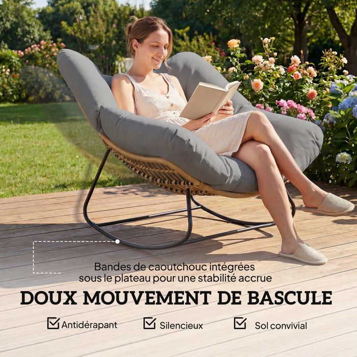 Silla mecedora Papasan para interior/exterior, mecedora ovalada acolchada para jardín, patio, gris.