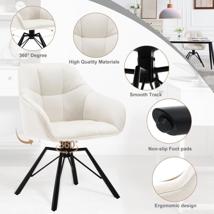WOLTU Juego de 2 sillas giratorias 360°, sillas de comedor de terciopelo, sillón escandinavo, patas de metal, color crema W0ATT0122-2