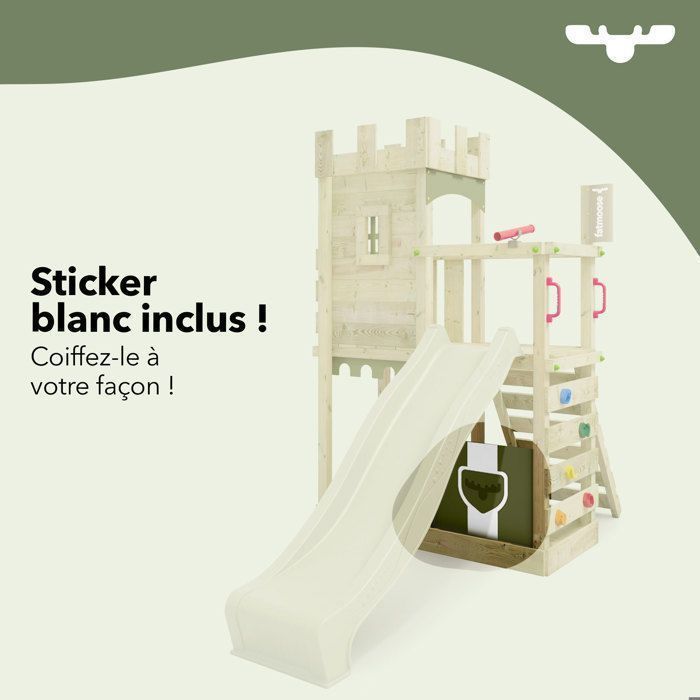 Tour de jeux bois FATMOOSE BoldBaron XXL avec SurfSwing, toboggan 220 cm vert pomme et mur d’escalade – 10 ans de garantie*