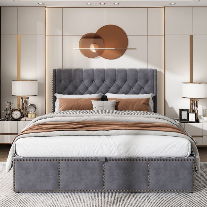 Letto contenitore 180x200 cm, meccanismo idraulico, letto matrimoniale, testiera imbottita, rete a doghe inclusa, tessuto in velluto, grigio