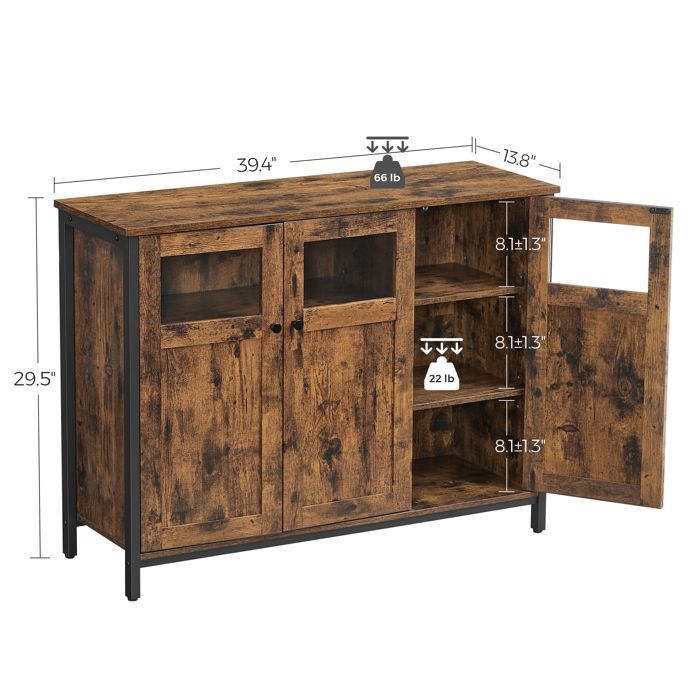 VASAGLE Opbergkast, dressoir, met 3-deurs kast, stalen frame, industriële stijl, rustiek bruin en inktzwart