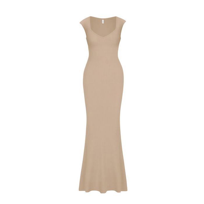 REORIA Robe Maxi Côtelée Beige XS — Décolleté Carré, Maternité & Allaitement, Coupe Ajustée Sirène