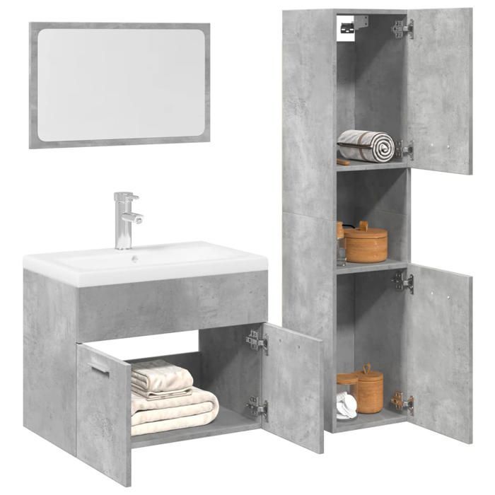 Graues 3-teiliges Badezimmermöbelset, SARAZYJ, MODERNER WC-SCHRANK, Betongrau E1271