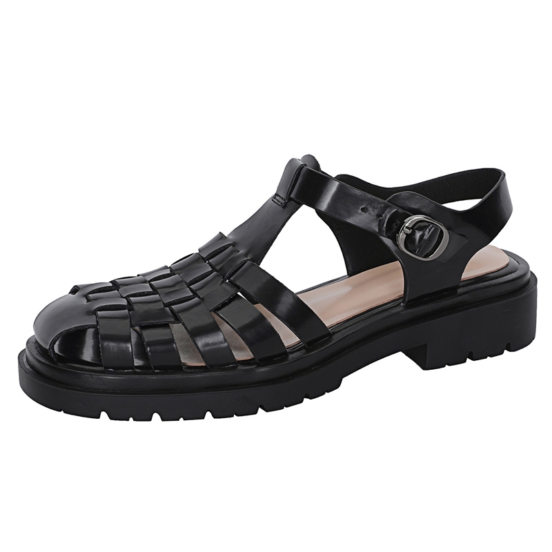 Sandali con plateau e tacco basso in vera pelle bianca e nera da donna, scarpe casual estive in stile retrò, sandali da donna.