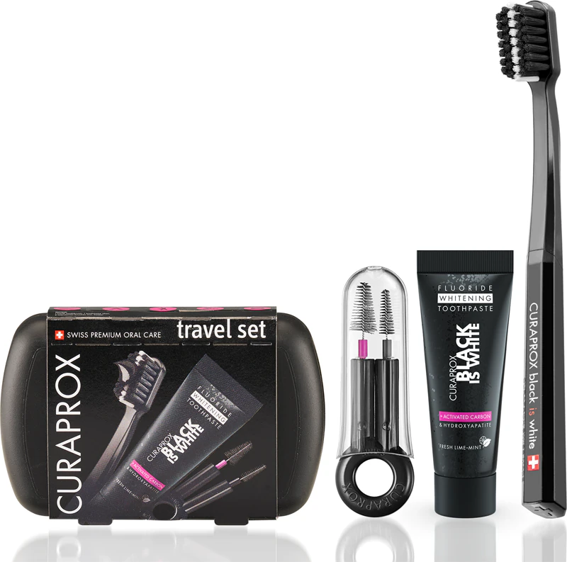 Kit de viagem Curaprox Black is White para dentes, língua e gengivas.