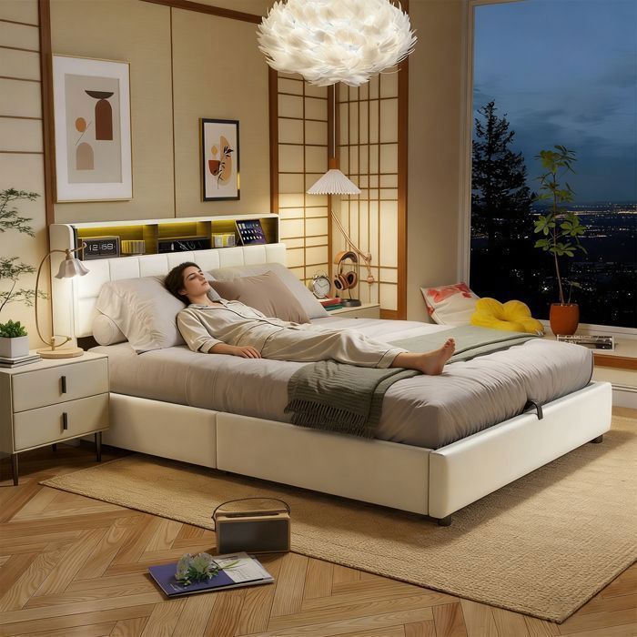 Lit double moderne 140 x 190 cm STRUCTURE DE LIT, sommier tapissier, tête de lit, avec LED et USB, lit coffre-YubNct