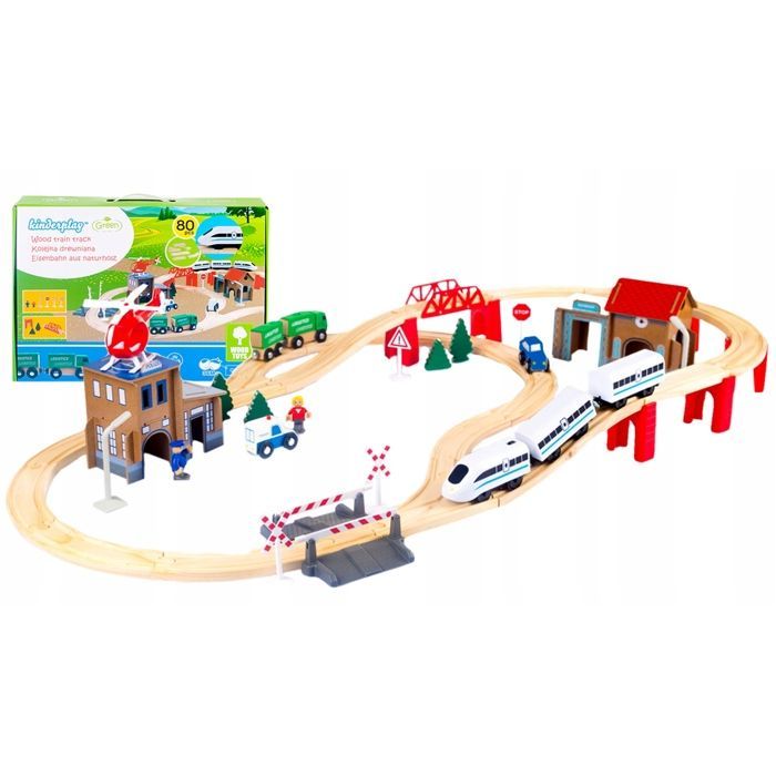 Tren de madera de 80 piezas con locomotora a pilas y comisaría de policía - Serie Verde (GS0010)