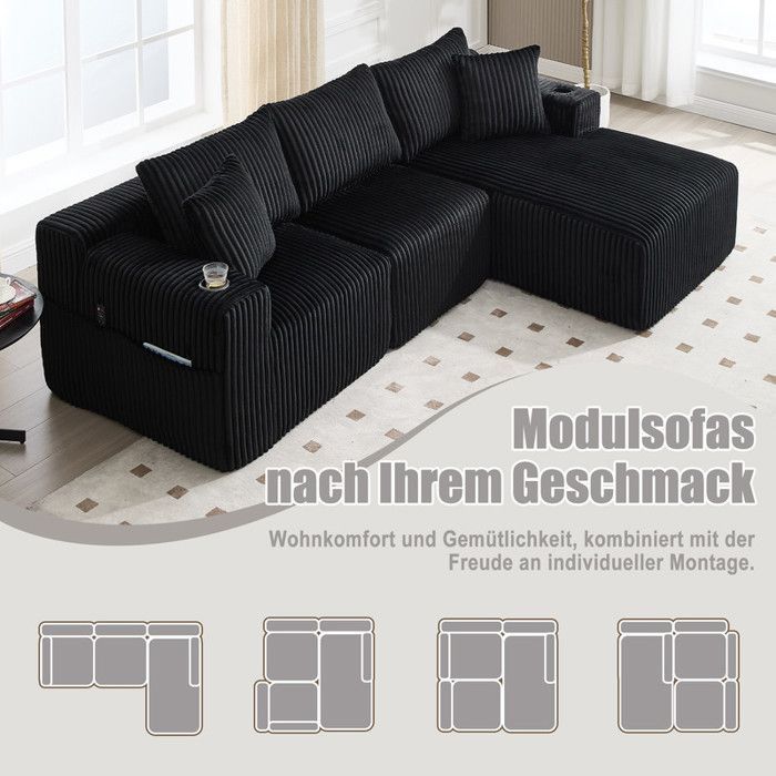 Canapé d'angle 3 places，Canapé modulable, velours côtelé, 5 coussins, poches latérales et porte-gobelets, Noir,257×90-160×62cm
