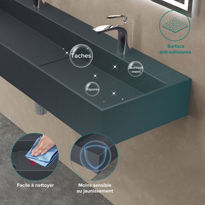 Lavabo de encimera Sogood, gris mate/negro, lavabo de baño mural, 120x40x14cm, lavabo con orificios para 2 grifos.