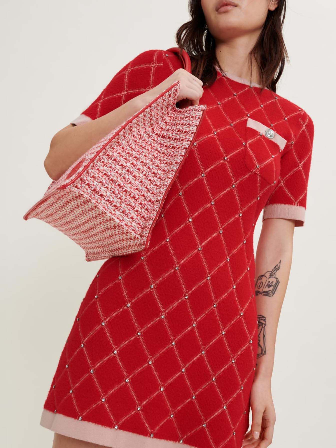 Gebreide jurk met diamanten en strass-steentjes - Rood