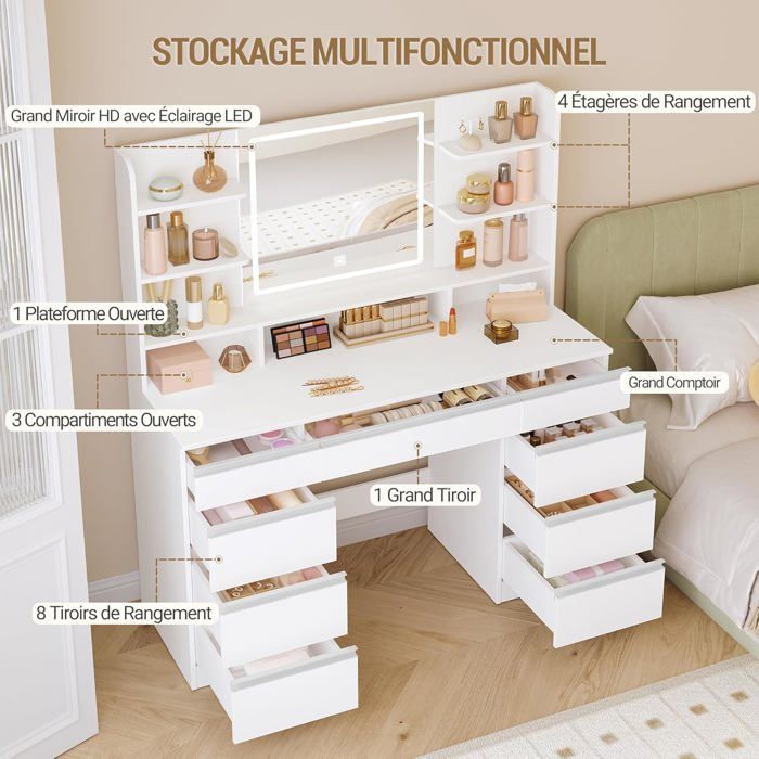 Grande Coiffeuse avec Éclairage LED, 3 Couleurs, Luminosité Réglable, Miroir, 9 Tiroirs, 9 Étagères Ouvertes, Blanc-Argent