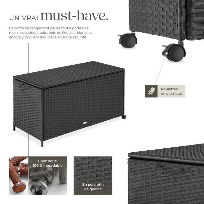 TECTAKE - Boîte de rangement Kuusamo - Coffre extérieur en Polyrotin, aluminium, roulettes - 117 x 54 x 64 cm - noir