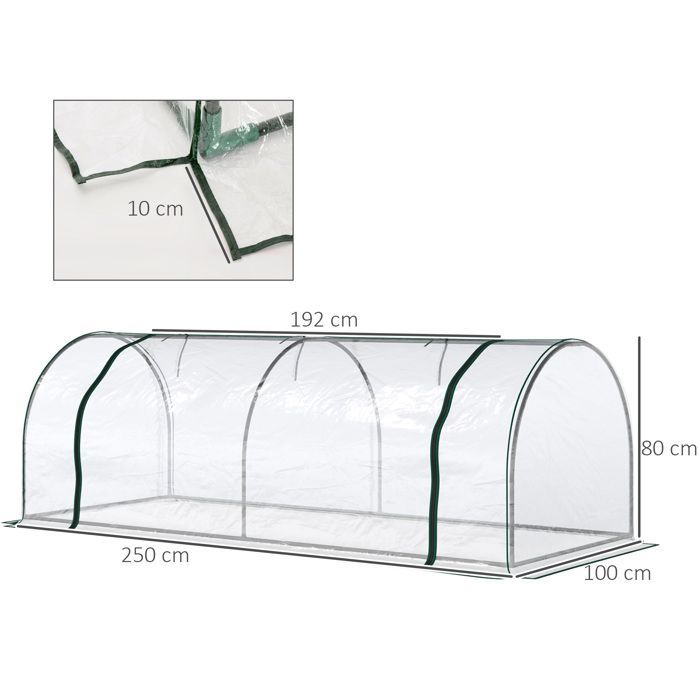 Serre de jardin tunnel - serre à tomates - Outsunny - grande porte zippée bâche plastique transparent - métal - 2,5x1x0,8m - vert
