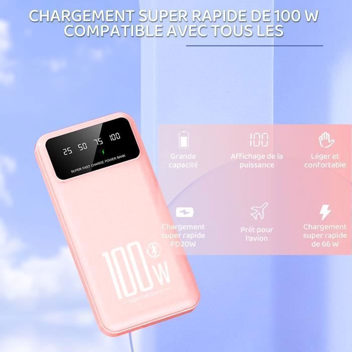 Portable 20000mAh External Battery, 22.5W Fast Charging, 4 Ports, with LED Display and Flashlight, for Smartphones and Tablets - Pink