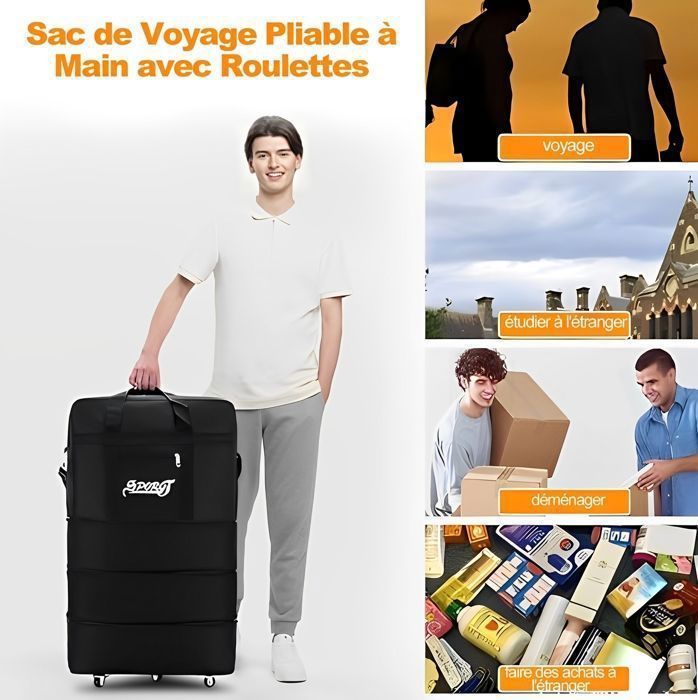 Bolsa de viaje con ruedas de 45L-95L, bolsa de lona plegable y expandible, bolsa deportiva para hombres y mujeres, color negro.