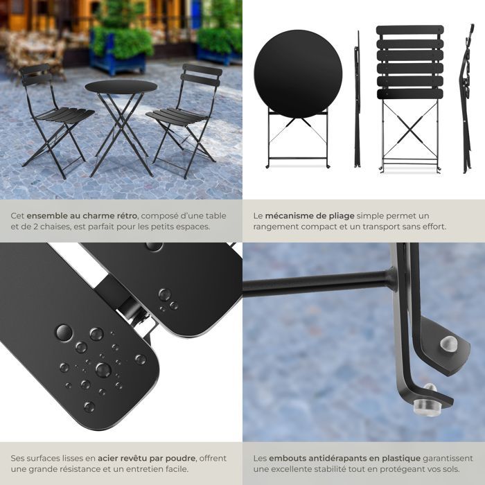 Ensemble table et chaise de jardin - TECTAKE - Lot de 2 chaises bistrot FRIEDA pliable pour 2 personnes - Noir