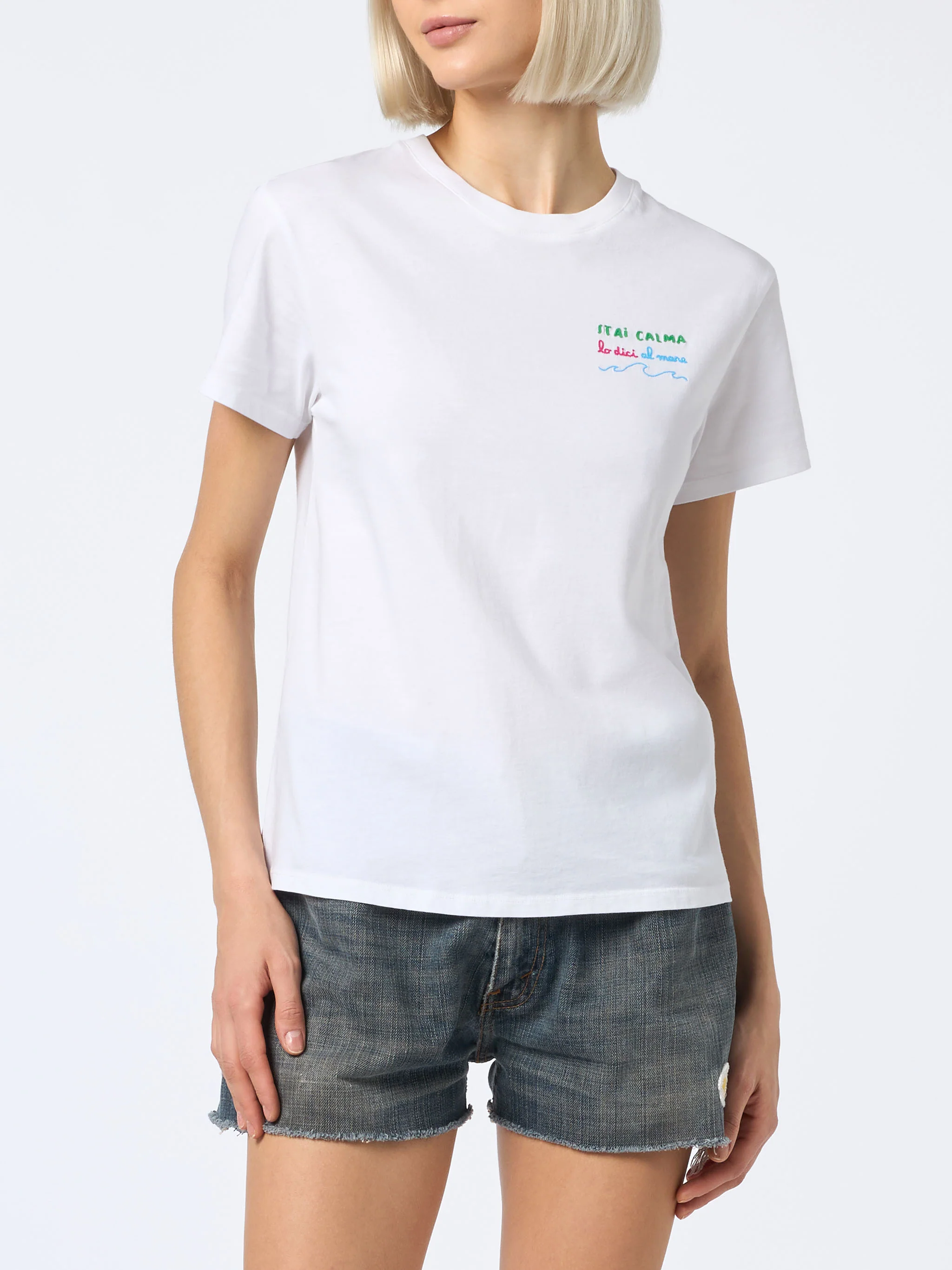 Emilie dames T-shirt met ronde hals van katoenen jersey met Stai-borduurwerk.