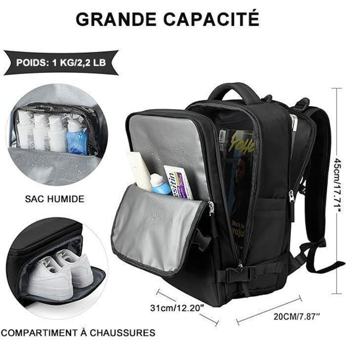 Zaino da cabina da donna - Impermeabile - USB - Nero - 45x31x20 cm