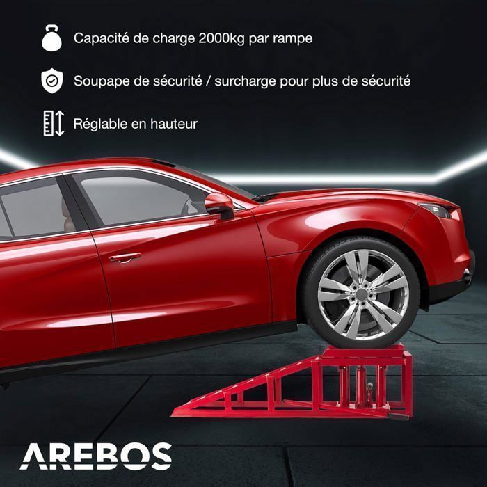 Rampa elevadora para coches AREBOS | Elevador de vehículos | Kit de rampa hidráulica ajustable de 2 toneladas | Rampa de acceso de 290-375 mm, color rojo