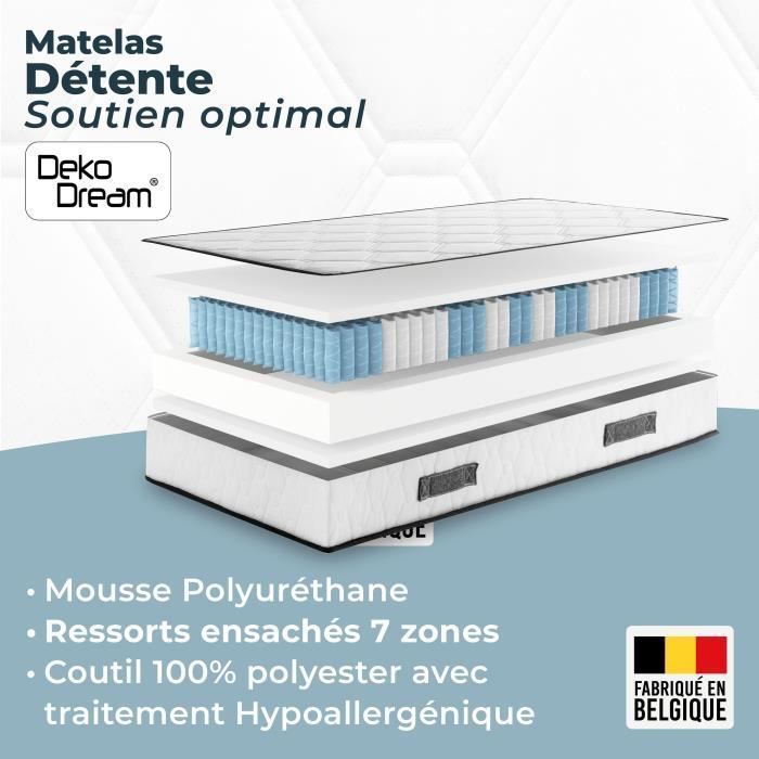 Matratze und Lattenrost 90 x 190 cm, 19 cm hoch – Taschenfederkern – 7 Zonen – wendbar – hergestellt in Belgien – DEKO DREAM