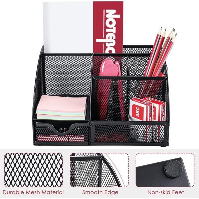 Organizador de escritorio - ZGEER - Caja de almacenamiento - 6 compartimentos - Malla metálica - Negro
