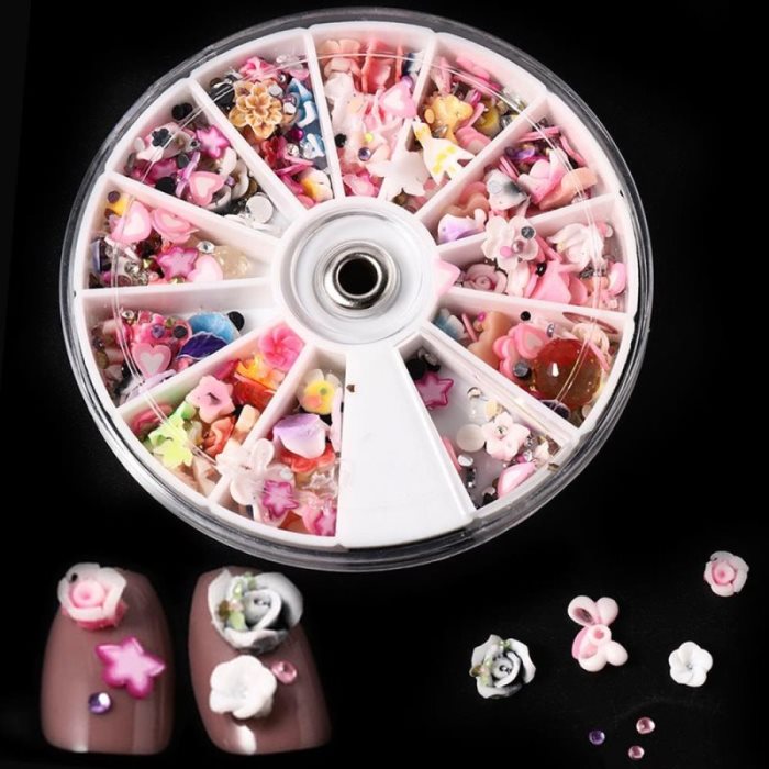 1200 pièces de décorations pour ongles en pâte polymère 3D, style varié : petites fleurs, fruits, cœurs, rondelles, formes rondes. Idéales pour la création de nail art.