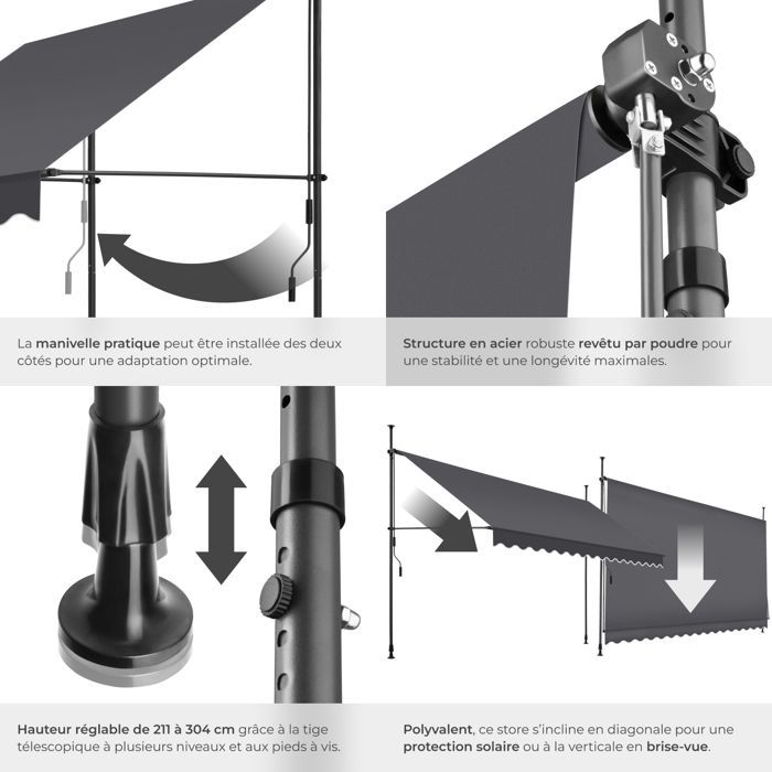 Store banne de jardin - TECTAKE - Store à pince sans perçage avec manivelle réglable en hauteur - Noir/Gris - 400 x 180 cm