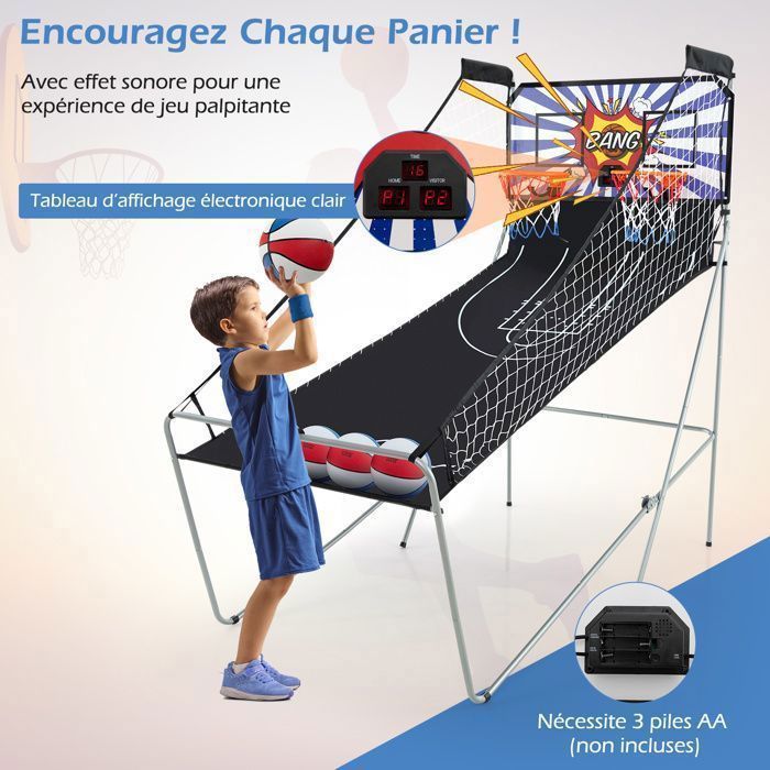 Juego de baloncesto plegable COSTWAY con 2 aros, 4 pelotas, bomba de inflado, sistema de puntuación, 8 modos, 4 jugadores, azul y blanco.