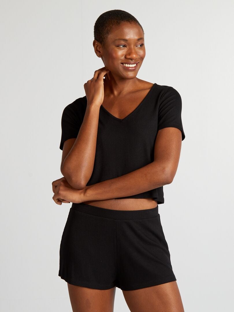 Geribbelde gebreide korte pyjama - 2-delig - zwart