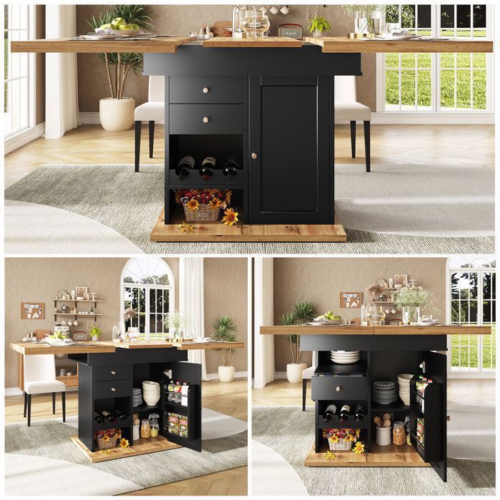 Mesa de comedor extensible MERAX de 110-140 × 80 cm - Mesa de cocina para 4-6 personas - Con cajones y botellero - Negra